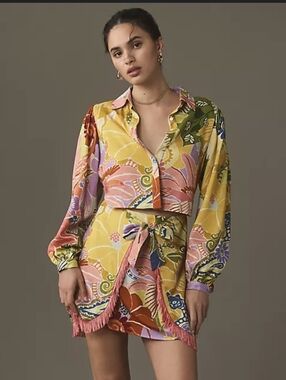 Farm Rio Wrap Tie-Front Finge Mini Dress in Yellow Multi